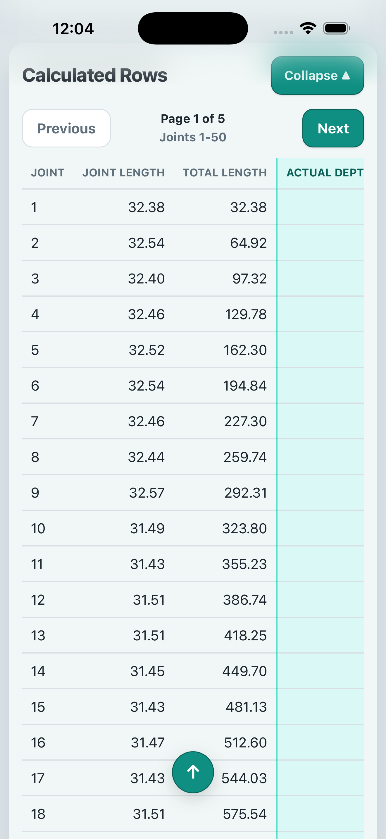 Calculated Rows table showing synthetic joint lengths and cumulative totals
