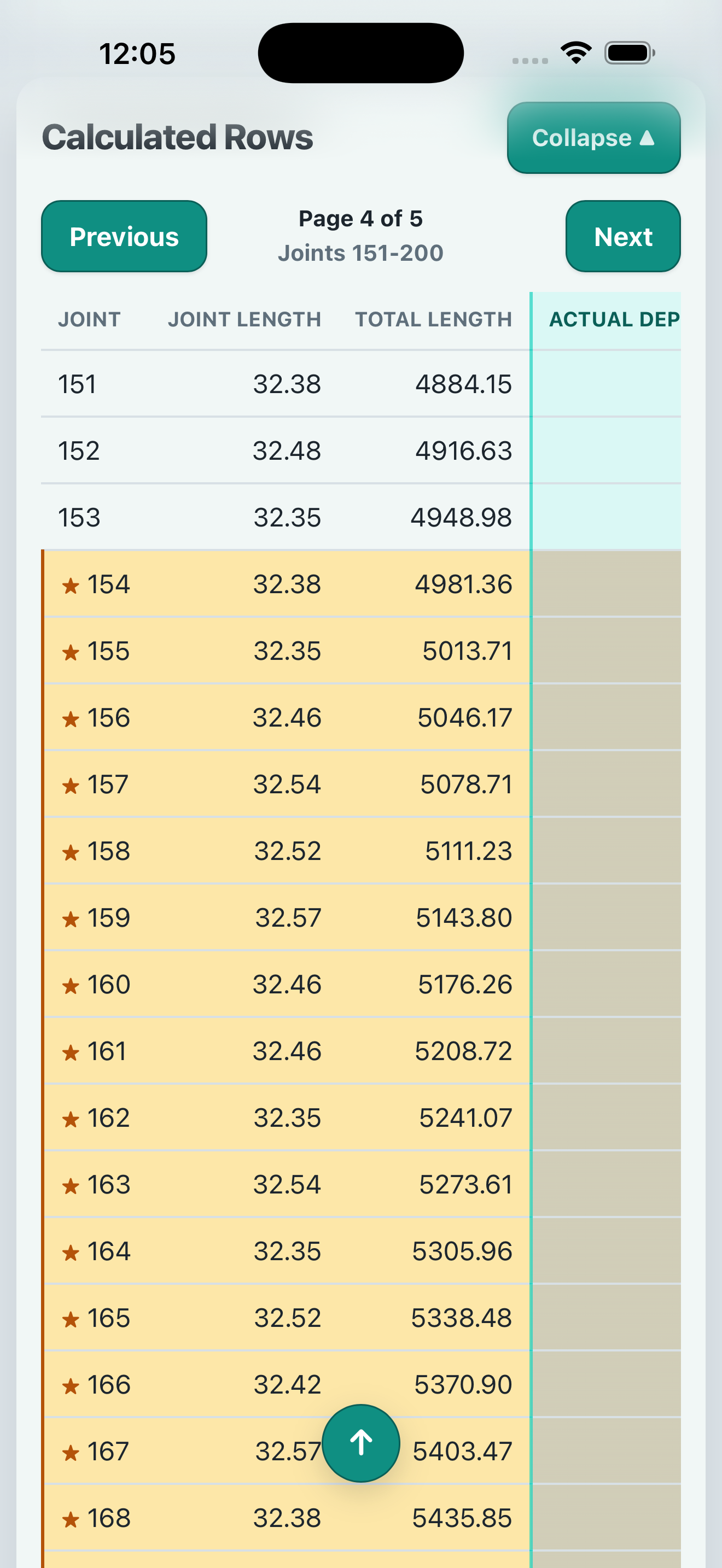 Calculated Rows table showing later joint rows