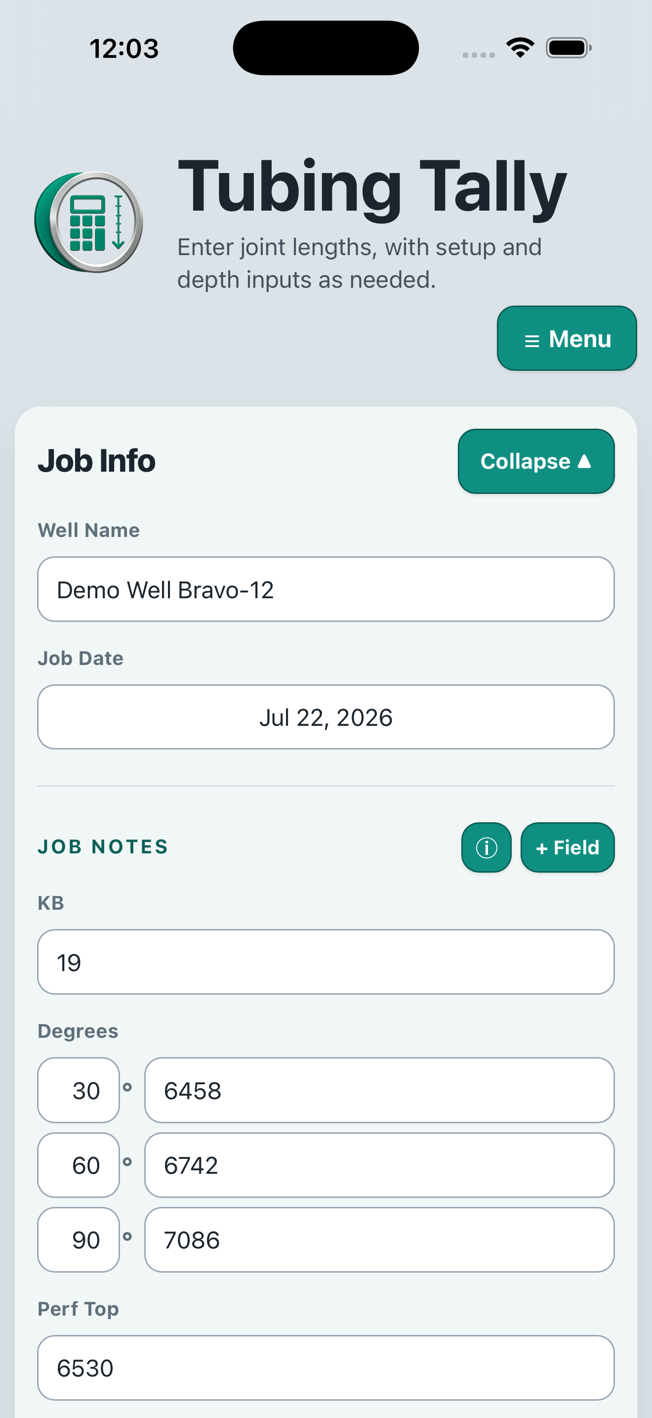 Job Info screen showing well name, job date, and notes