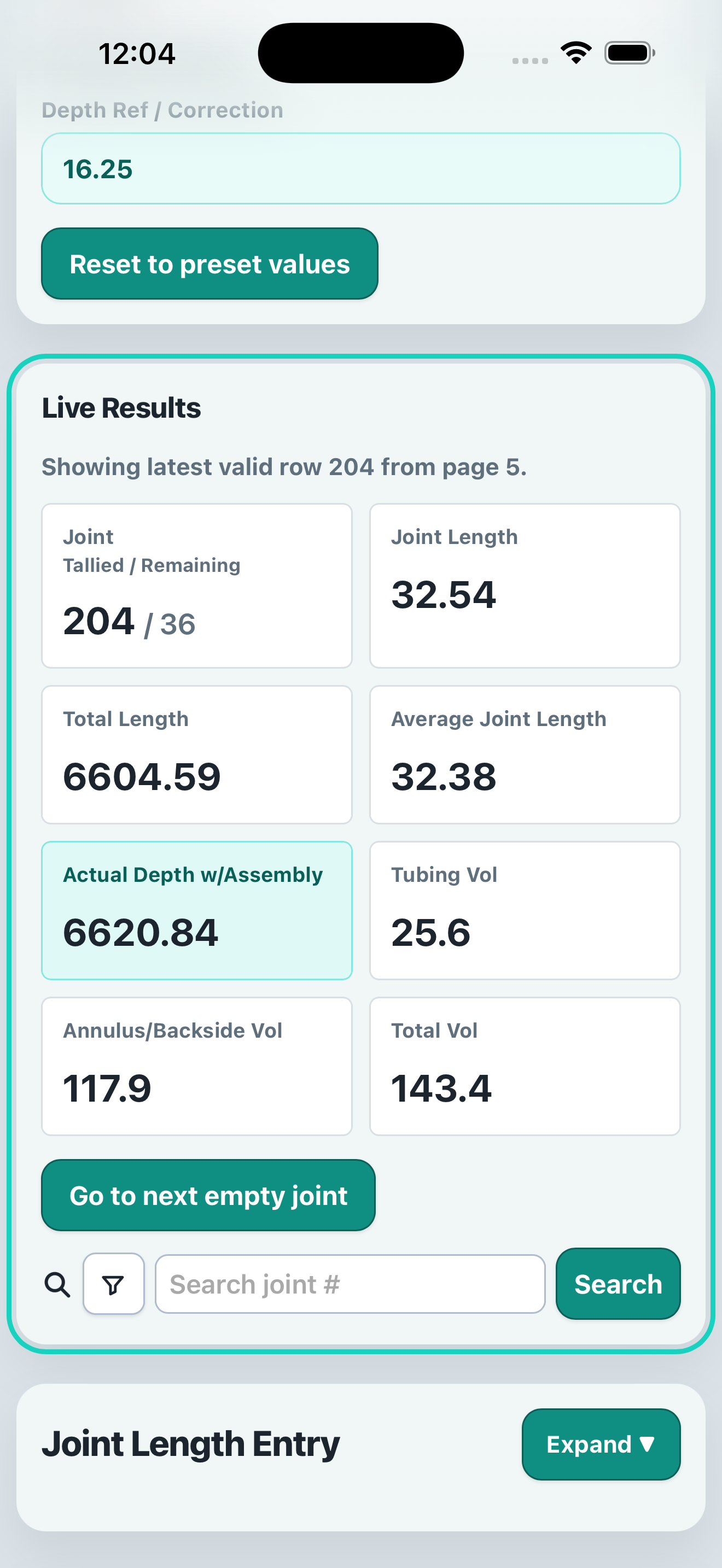Live Results screen showing tally totals and volume estimates