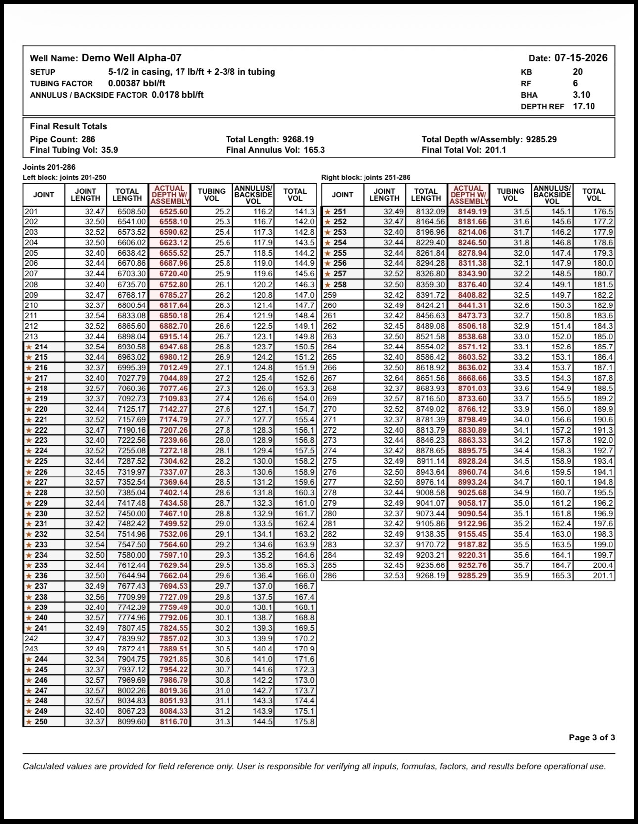 Demo PDF report continuation showing later calculated joint rows.